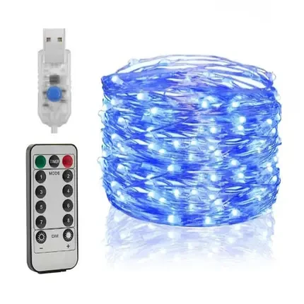 Гірлянда Роса на дроті 10 метрів, 100 LED USB з пультом, 8 режимів колір свічення синій