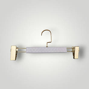 Плічки вішалки з золотими прищіпками і гачком 30 см білі шкіряні з тремпеля для штанів і спідниць уп.5 шт