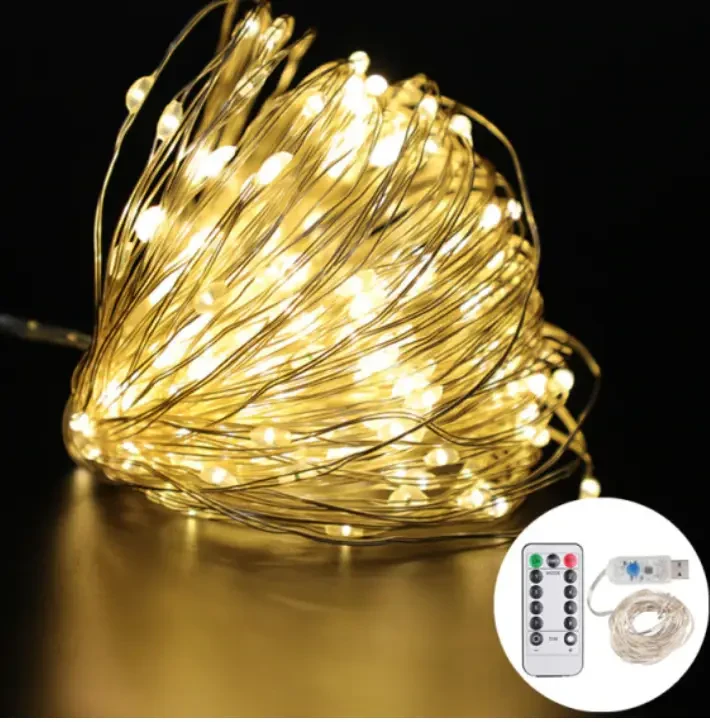 Гірлянда Роса на дроті 10 метрів, 100 LED USB з пультом, 8 режимів колір свічення теплий білий