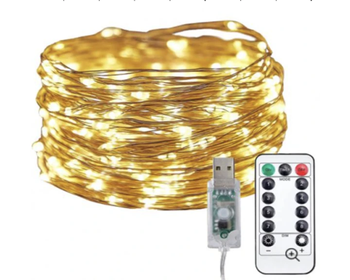 Гірлянда Роса на дроті 5 метрів, 50 LED USB з пультом, 8 режимів колір свічення теплий білий