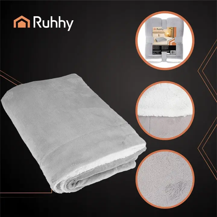 Двостороння ковдра Ruhhy 26293, 150×200 см, світло-сіра, м’який плед з плюшевою «овчиною», фото 1