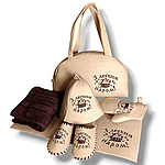 Набір подарунковий для лазні "З легким паром" (парео+тапки+шапка+килимок+рукавиця) бежевий