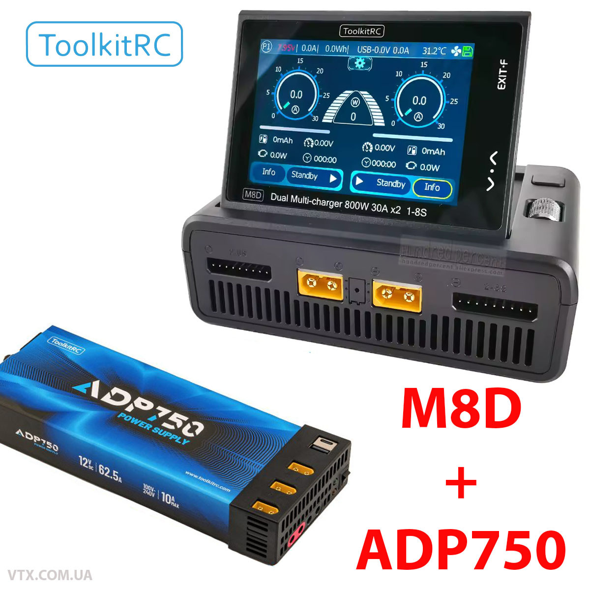 Комплект! Зарядний пристрій ToolkitRC M8D ADP750 + Блок живлення ToolkitRC ADP750 750W 12V 62.5A, фото 1