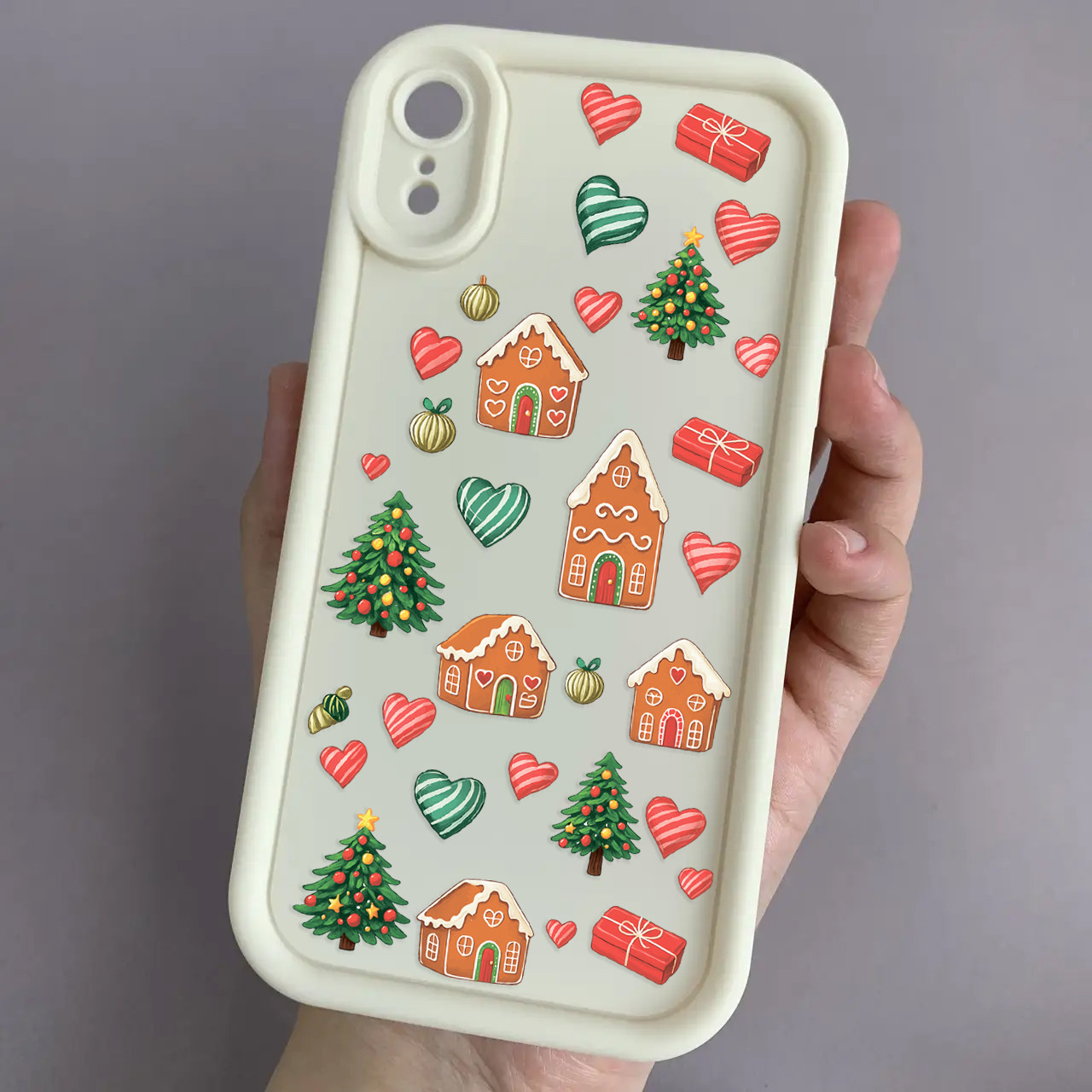 Чохол для iPhone Xr молочний чохол із зимовим з новорічним принтом із ялинкою із серцями на телефон айфон хр w02l