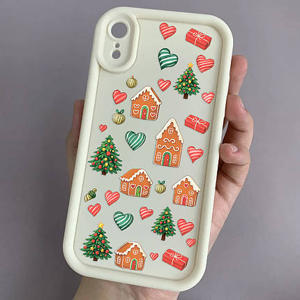 Чохол для iPhone Xr молочний чохол із зимовим з новорічним принтом із ялинкою із серцями на телефон айфон хр w02l, фото 1