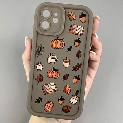 Чохол для iPhone 12 коричневий чохол з осіннім принтом листя книжок гарбуза на айфон 12 w02j, фото 1