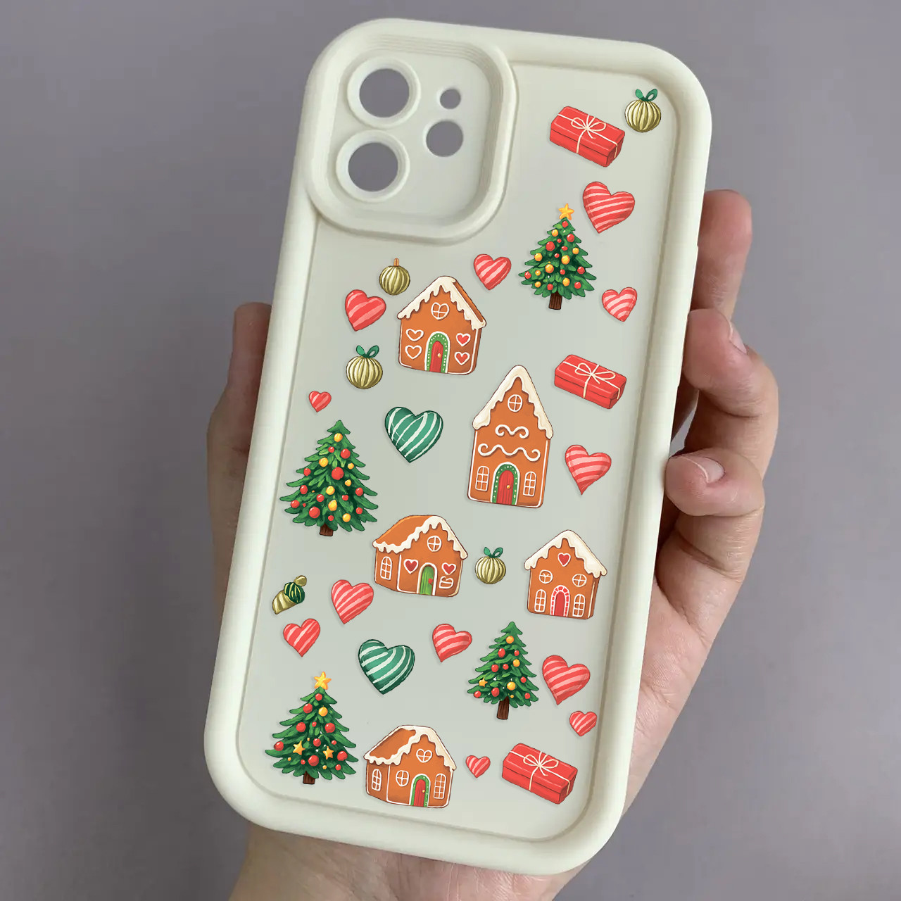 Чохол для iPhone 12 молочний чохол із зимовим з новорічним принтом із ялинкою із серцями на телефон айфон 12 w02l