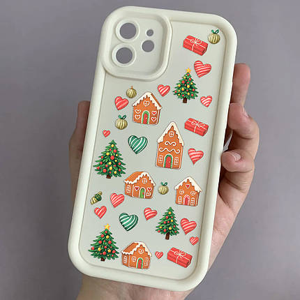 Чохол для iPhone 12 молочний чохол із зимовим з новорічним принтом із ялинкою із серцями на телефон айфон 12 w02l, фото 1