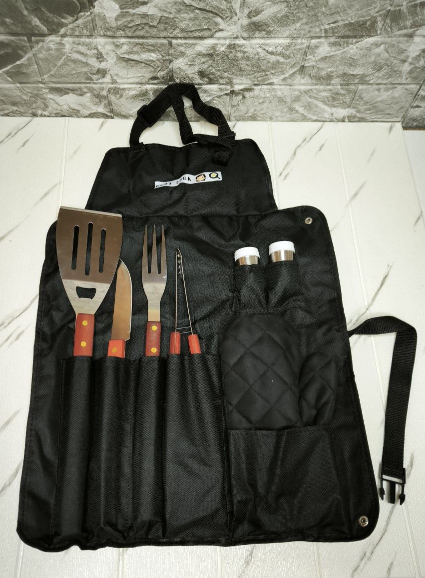 Набір для гриля та барбекю з фартухом 8 предметів із дерев'яними ручками, фото 1