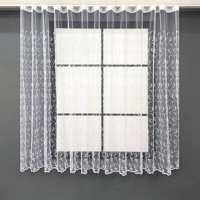 Коротка тюль, висотою 1,5м., фатин з вишивкою та люрексом. Колір холодний білий. Код 1891т