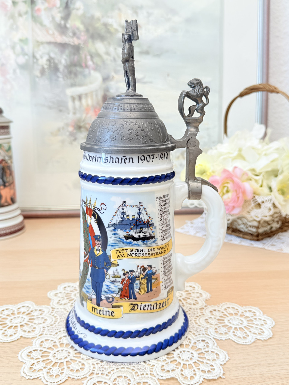 Німецький колекційний пивний келих із морською тематикою, кераміка, олово, Німеччина, рідкісний