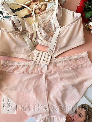 80/85/90/95/100D Комплект жіночої білизни чашка D з мікросітки та вишивкою, трусики високі пудровий, фото 2