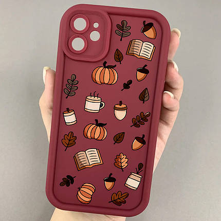 Чохол для iPhone 11 бордовий чохол з осіннім принтом листя книжок гарбуза на айфон 11 w02j, фото 1