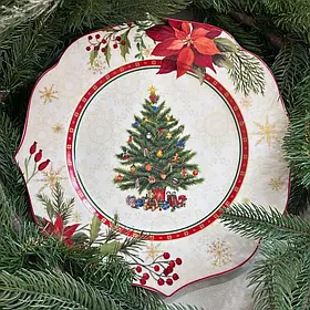 Новорічна порцелянова тарілка сервірувальна D27.5*2 см з малюнком ялинка