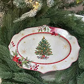 Новорічна порцелянова фігурна тарілка блюдо сервірувальна 35*25*2.5см з різдвяним малюнком
