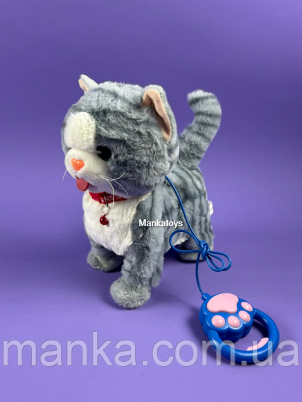 М'яка інтерактивна іграшка Котик на повідку сірий 933-160 E , ходить, облизує, пісні англ. мовою, сенсорні діл, фото 1