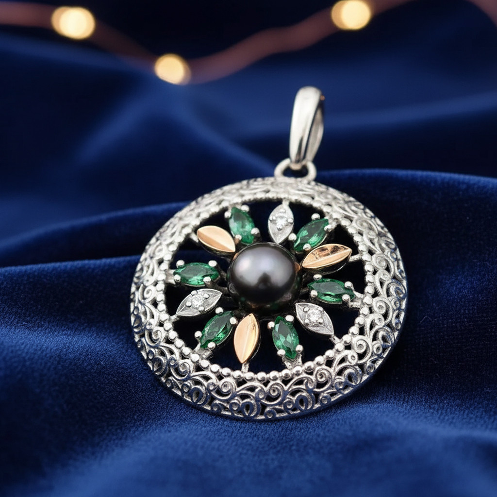 Срібний кулон фортуни з золотими вставками із зеленими кубічними зонами та природними річковими перлами DARIY 034кул-1107