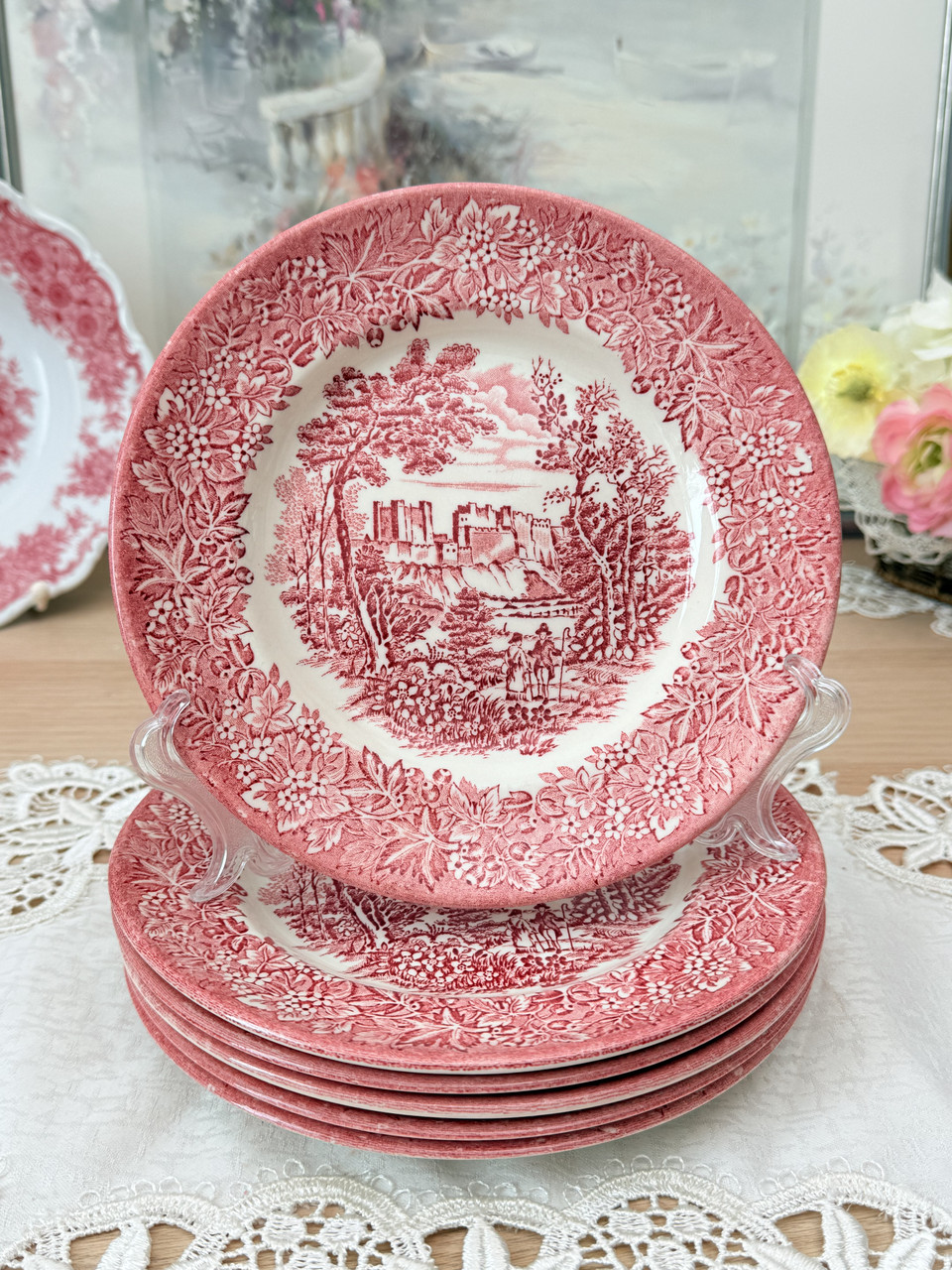 Шість вінтажних десертних тарілок у червоному кольорі, англійська кераміка, Англія, вінтаж