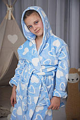 ХАЛАТ МАХРОВИЙ для дівчинки БЛАКИТНИЙ В БІЛІ СЕРЦЯ 4-14 РОКІВ ТОМІКО 1150