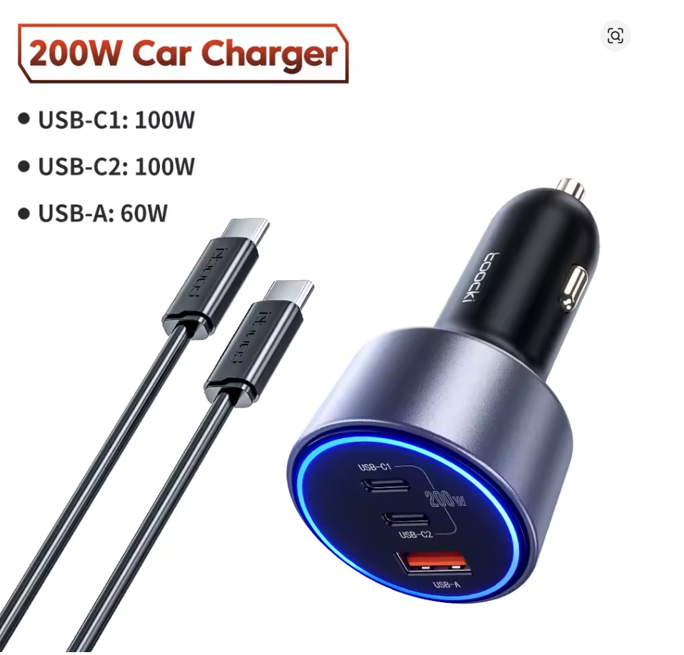 Toocki 200W чорний з кабелем трипортовий.зарядний пристрій від прикурювача авто 12В, 24В USB Type-A 60W, Type-C 2x100W, фото 1