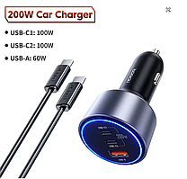 Toocki 200W чорний з кабелем трипортовий.зарядний пристрій від прикурювача авто 12В, 24В USB Type-A 60W, Type-C 2x100W