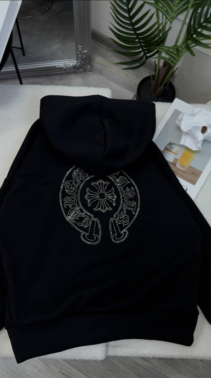 Жіночий базовий осінній батнік каміння худорлявий з капюшоном оверсайз толстовка стрази тринити на флісі спортивна кофта, фото 1