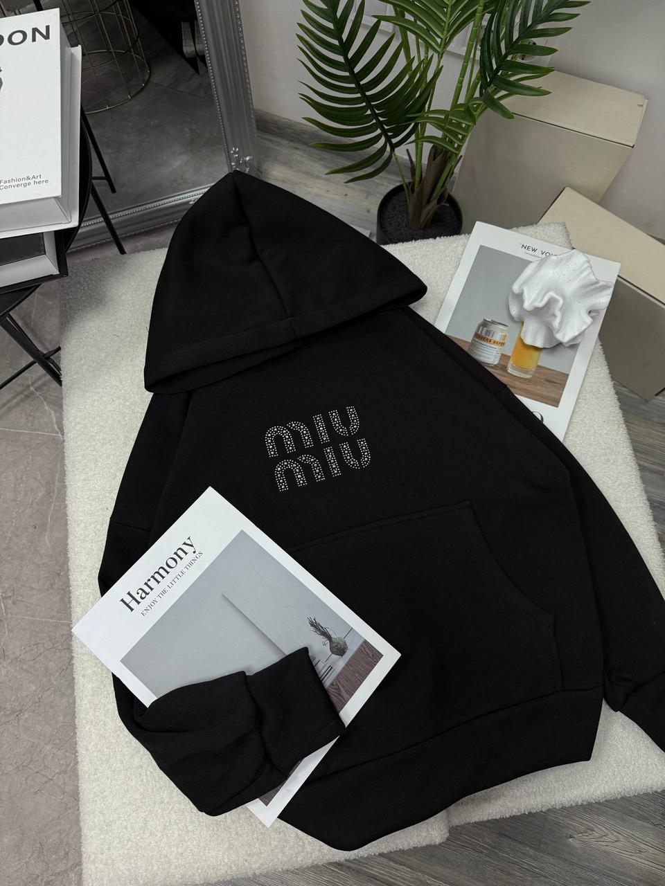 Жіночий базовий осінній батнік каміння Міу Міу худи з капюшоном оверсайз толстовка стрази тринити на флісі спортивна кофта, фото 1