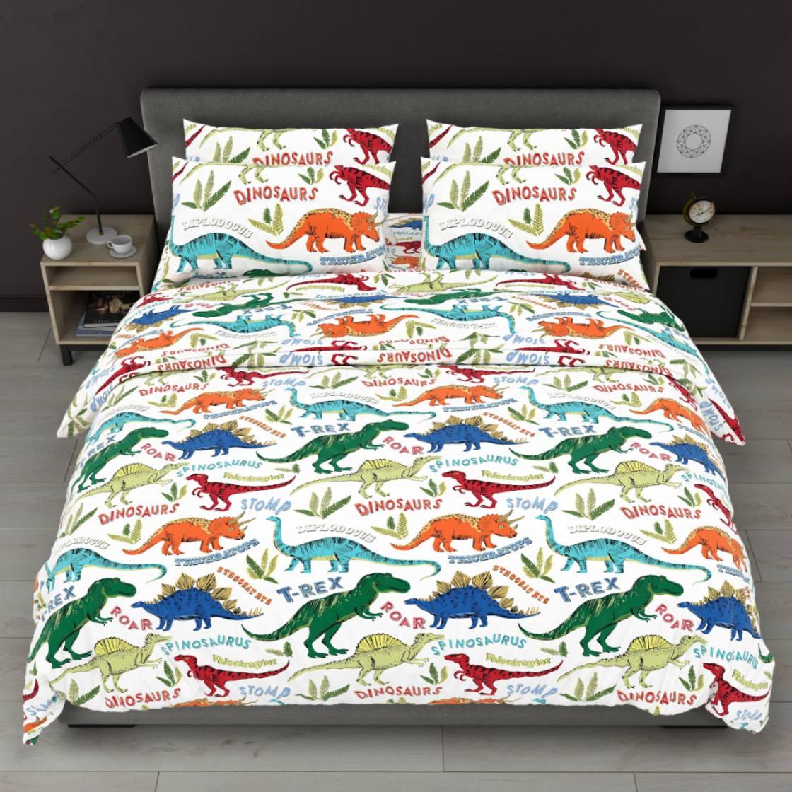 Постільна білизна Королева Ночі (Бязь) | Полуторний комплект | 50х70 | Динозаври на білому, фото 1