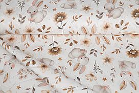 Сатин-твіл Коричневі зайчики, квіти, зірки