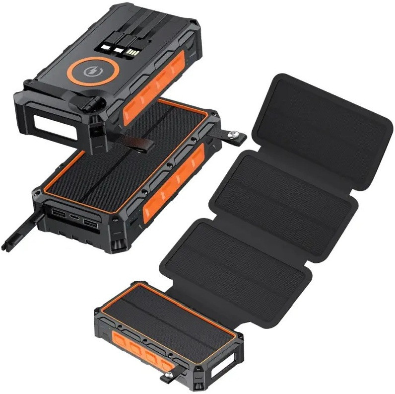 Сонячний повербанк 30000 мАг з ручним генератором (динамо-машина), бездротовою зарядкою, вбудованими кабелями та вологозахистом, фото 1