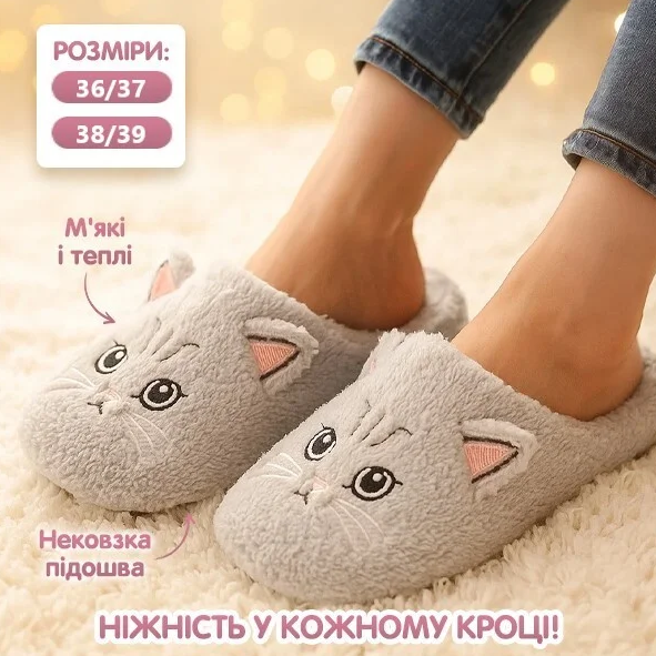 Капці домашні теплі, пухнасті кімнатні капці у вигляді котиків 36-37, фото 1