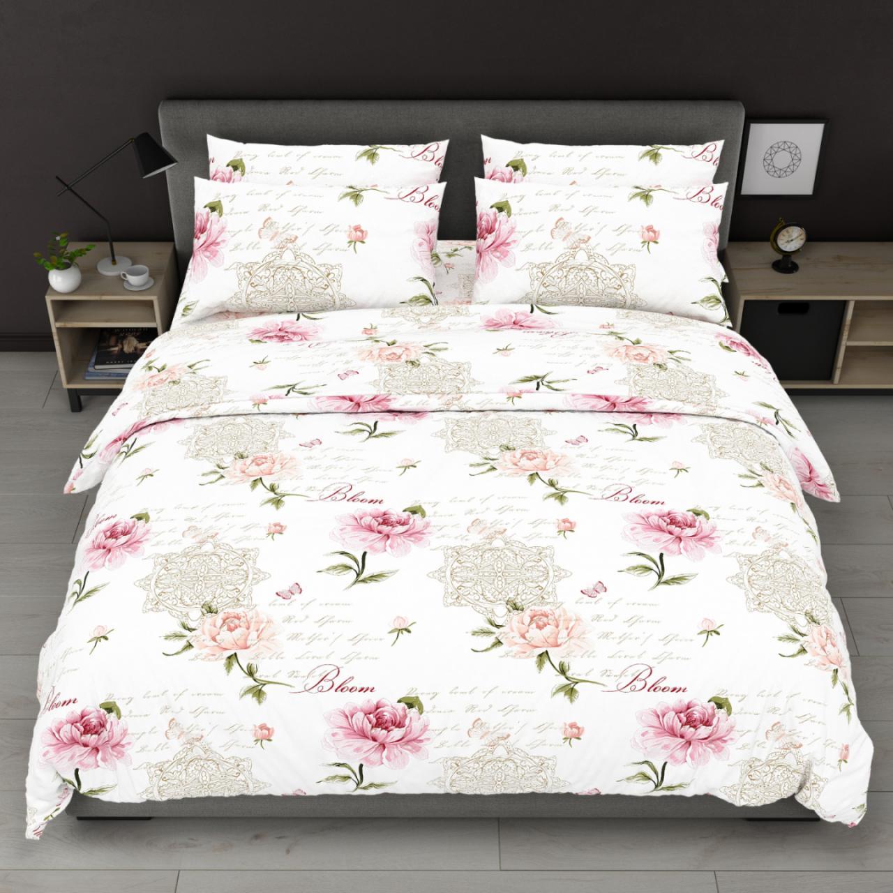 Постільна білизна Королева Ночі (Бязь) | Полуторний комплект | 50х70 | Троянди з текстом на білому, фото 1
