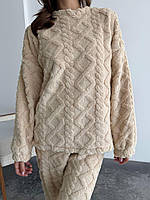 Домашній махровий костюм з візерунком косички, дуже теплий і ніжний бежевий домашній костюм, піжама