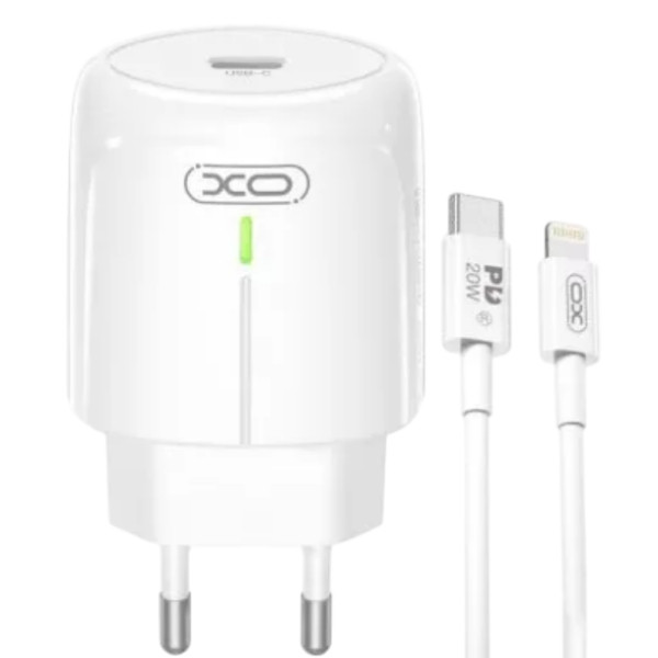 Мережевий зарядний пристрій блок живлення XO L113 зі світлодіодним підсвічуванням Type-C to Lightning cable PD20W Біле, фото 1