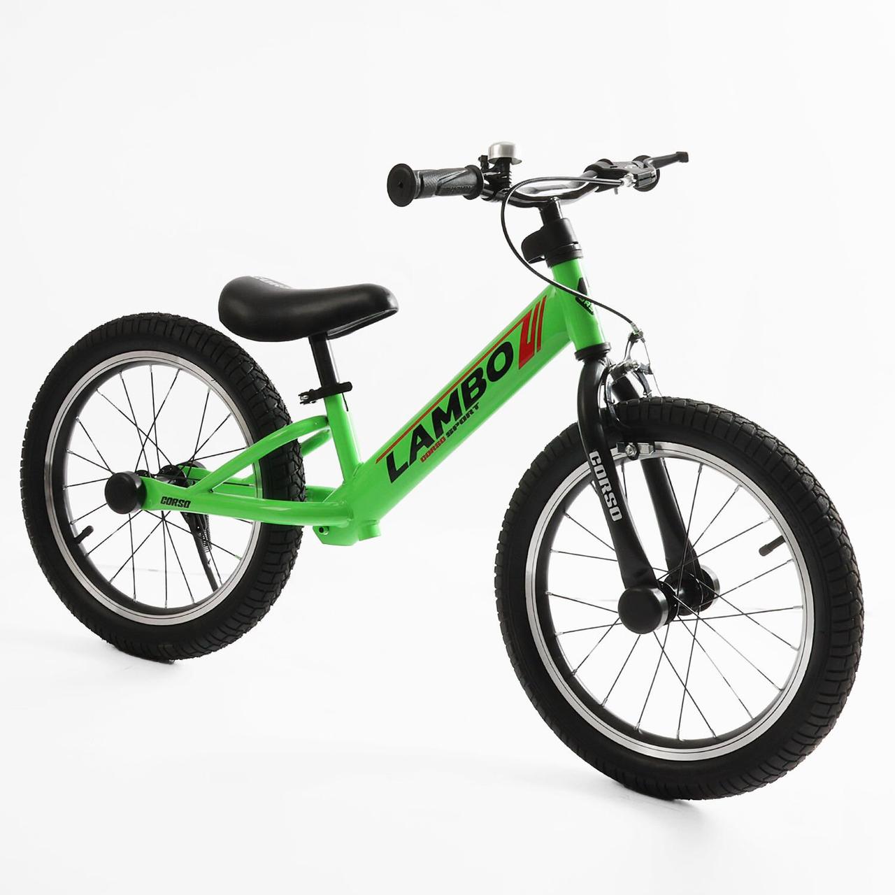 Велобіг дитячий 16 дюймів CORSO LAMBO LB-16599 Салатовий, з ручним гальмом, підніжкою, біговел дитячий, фото 1