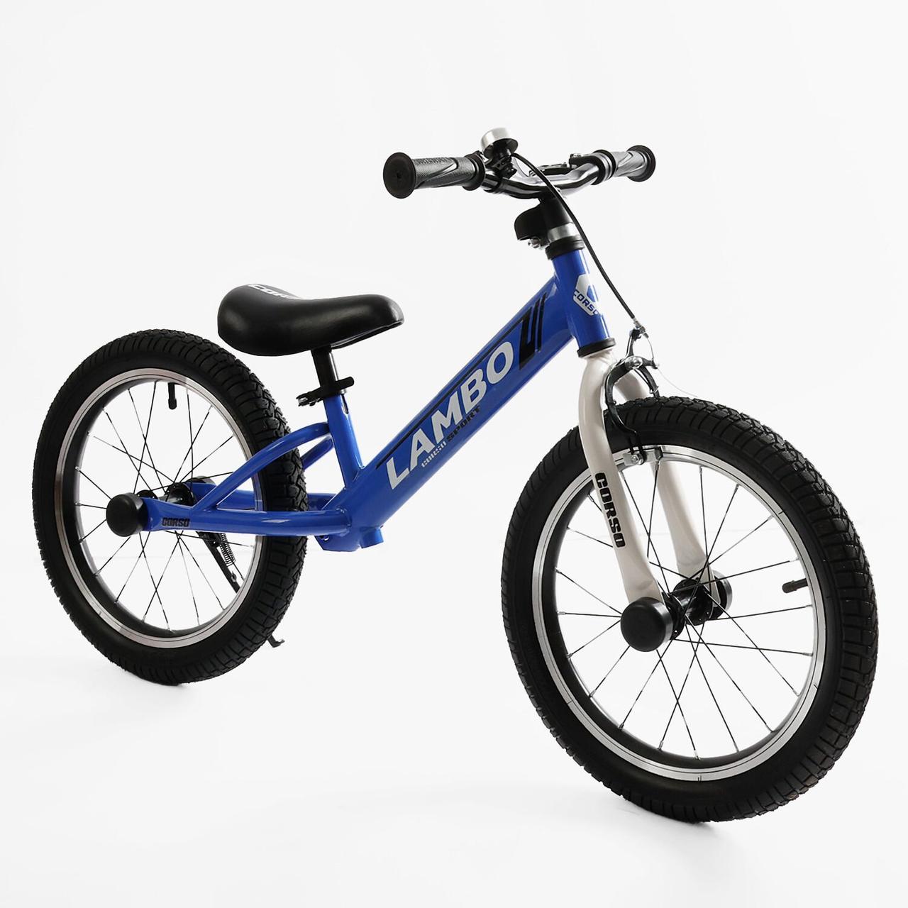 Велобіг дитячий 16 дюймів CORSO LAMBO LB-16820 Синій, з ручним гальмом, підніжкою, дзвінком, біговел дитячий, фото 1
