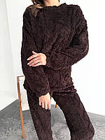 Домашній махровий костюм з візерунком косички, дуже теплий і ніжний темно-корчневий домашній костюм, піжама