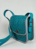 Жіноча шкіряна сумка ручної роботи з тисненим орнаментом «Дубок», бірюзова сумка з натуральної шкіри, 20*21*8 см, фото 4