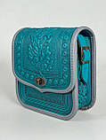 Жіноча шкіряна сумка ручної роботи з тисненим орнаментом «Дубок», бірюзова сумка з натуральної шкіри, 20*21*8 см, фото 5