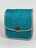 Жіноча шкіряна сумка ручної роботи з тисненим орнаментом «Дубок», бірюзова сумка з натуральної шкіри, 20*21*8 см, фото 8