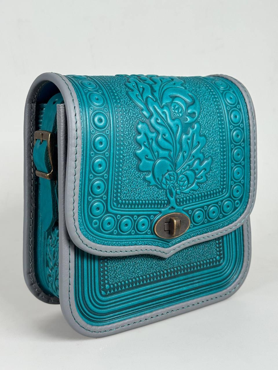 Жіноча шкіряна сумка ручної роботи з тисненим орнаментом «Дубок», бірюзова сумка з натуральної шкіри, 20*21*8 см, фото 1