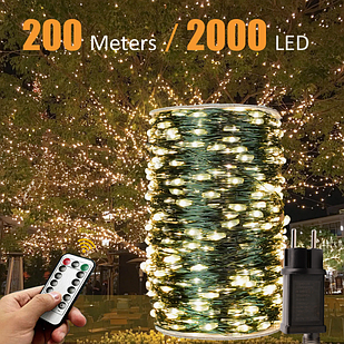 Гірлянда роса на пульті 200 метрів, теплий білий колір на зеленому проводі, капля роси з режимами та вилкою, вулична