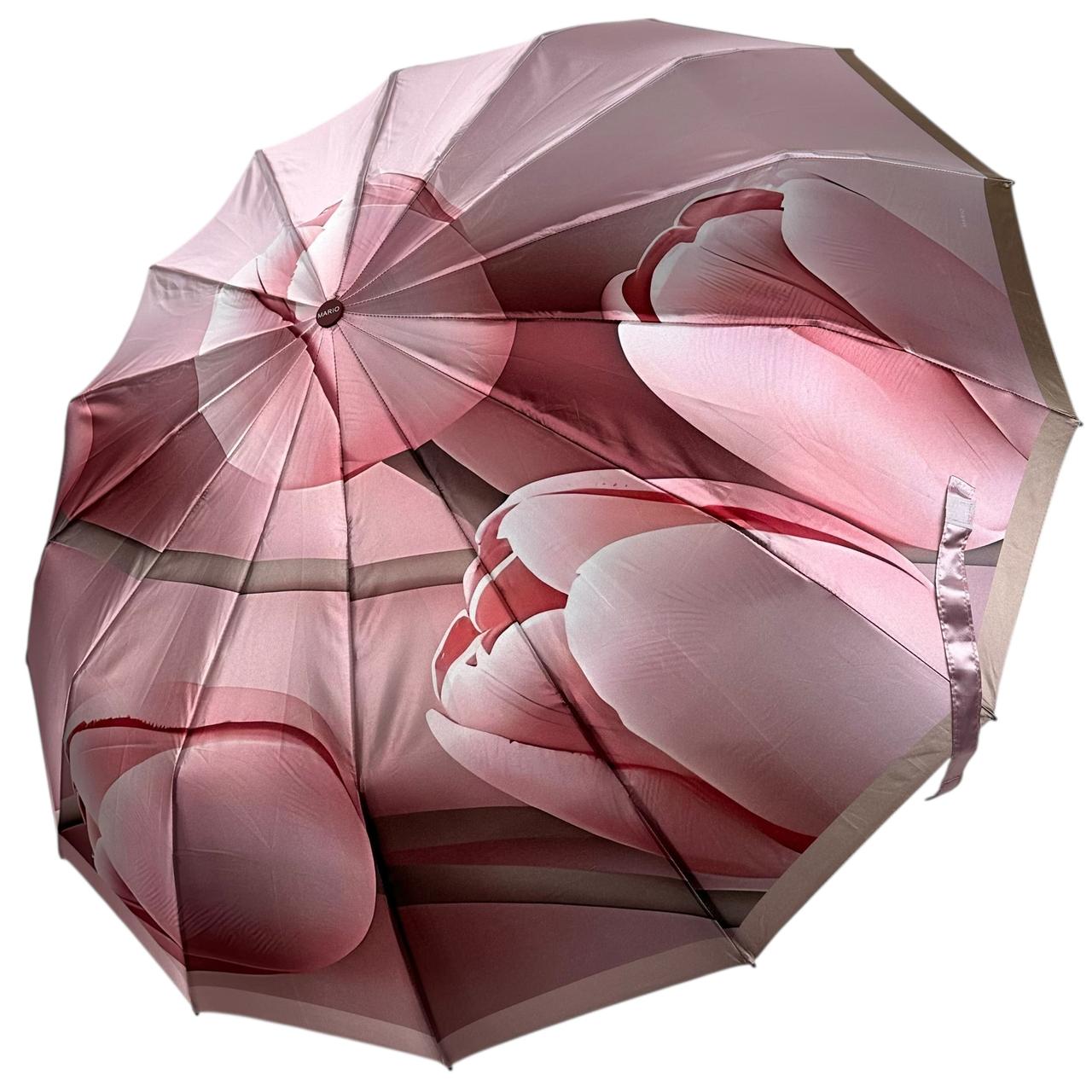 Жіноча парасоля автомат на 14+3+2 сегментних карбонових спиць сатиновий купол з принтом від Mario, ручка бордова, MR 0707-4