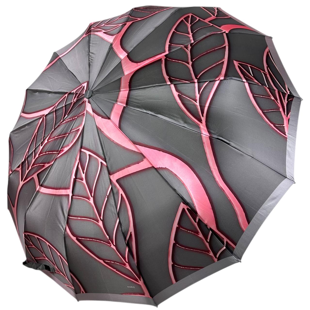 Жіноча парасоля автомат на 14+3+2 сегментних карбонових спиць сатиновий купол з принтом від Mario, ручка сіра, MR 0707-2