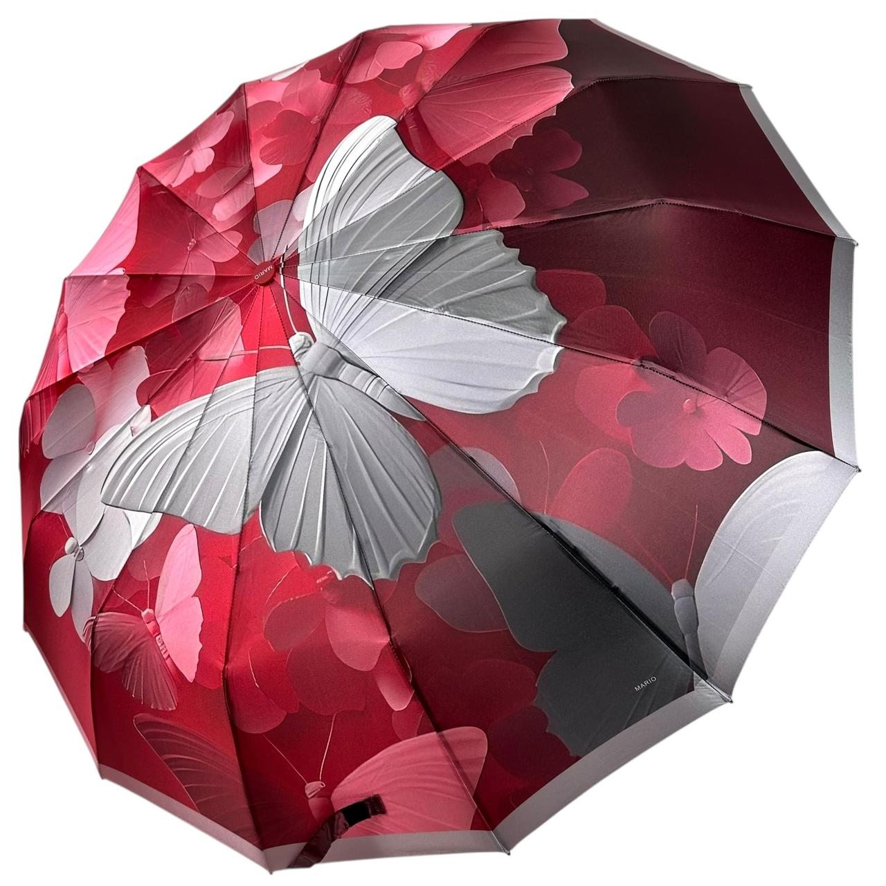 Жіноча парасоля автомат на 14+3+2 сегментних карбонових спиць сатиновий купол з принтом від Mario, ручка червона, MR 0707-5