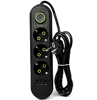 Подовжувач мережевий UA Power F03U, 3USB, 3 розетки, 6 м, чорний