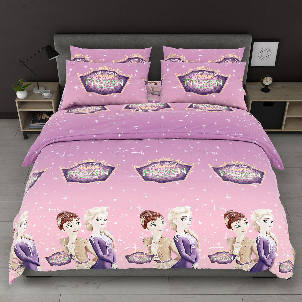 Постільна білизна Королева Ночі (Бязь) | Полуторний комплект | 50х70 | Холодне серце на рожево-бузковому, фото 1