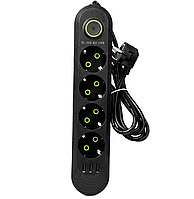 Подовжувач мережевий UA Power F04U, 3USB, 4 розетки, 6 м, чорний