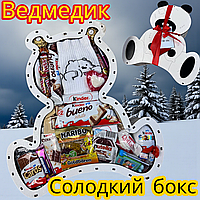 Святковий солодкий подарунковий набір Ведмедик бокс солодощів у дерев' яній коробці солодкі подарунки та набори