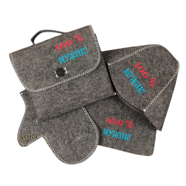 Набір подарунковий для лазні "100% мужик" (шапка+килимок+рукавиця) сірий